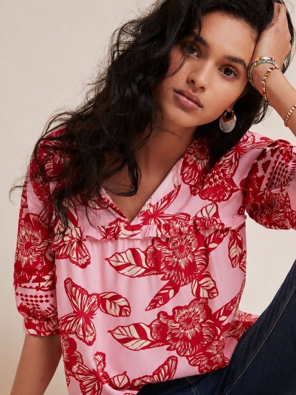 Anthropologie Vineet Bahl Pink Floral Butterfly Embroidered Boho Blouse | Small